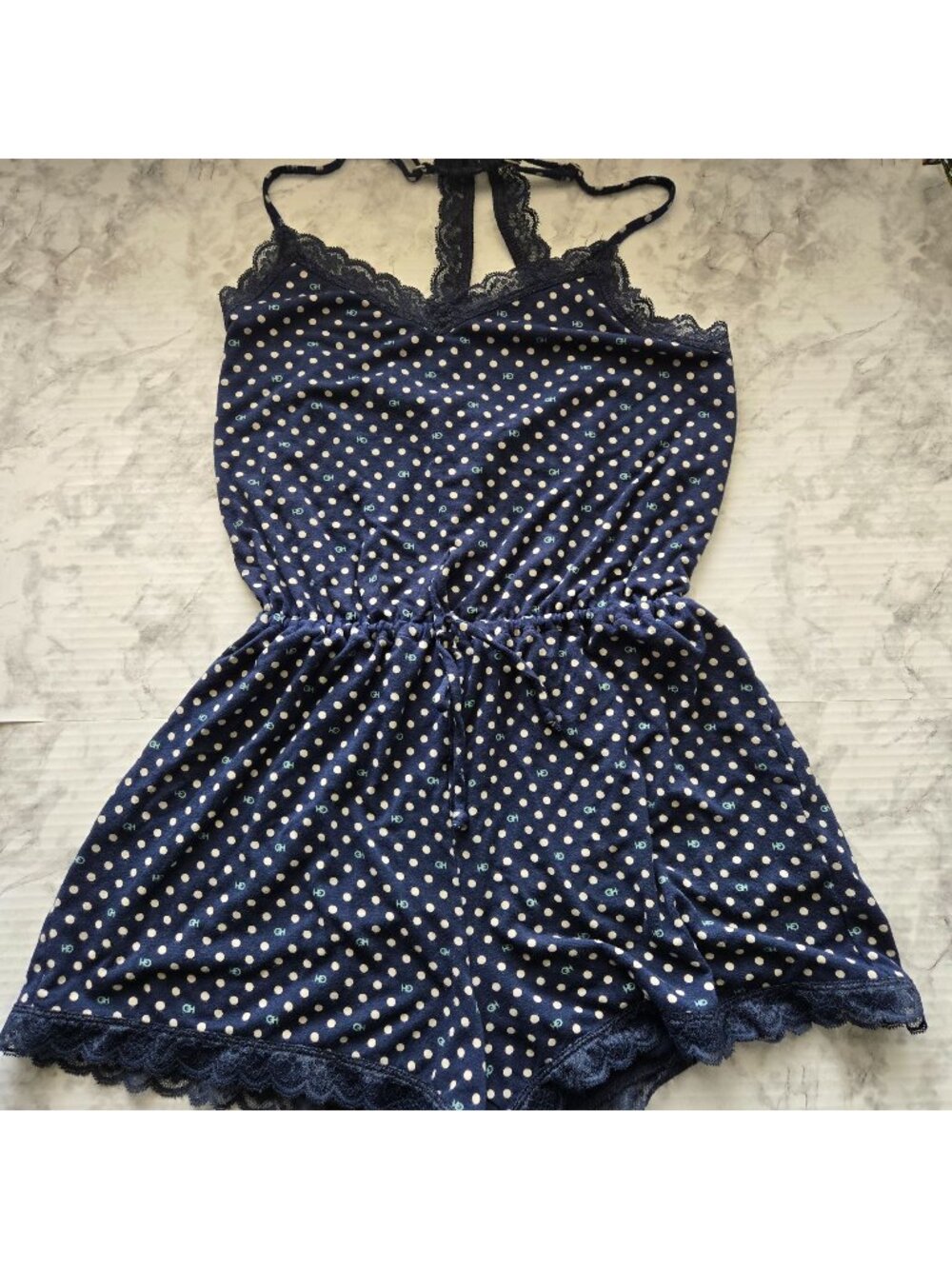 Gilly Hicks Lace-Detail Lounge Romper Navy/Yellow, Womens Sz XS (26-0252)